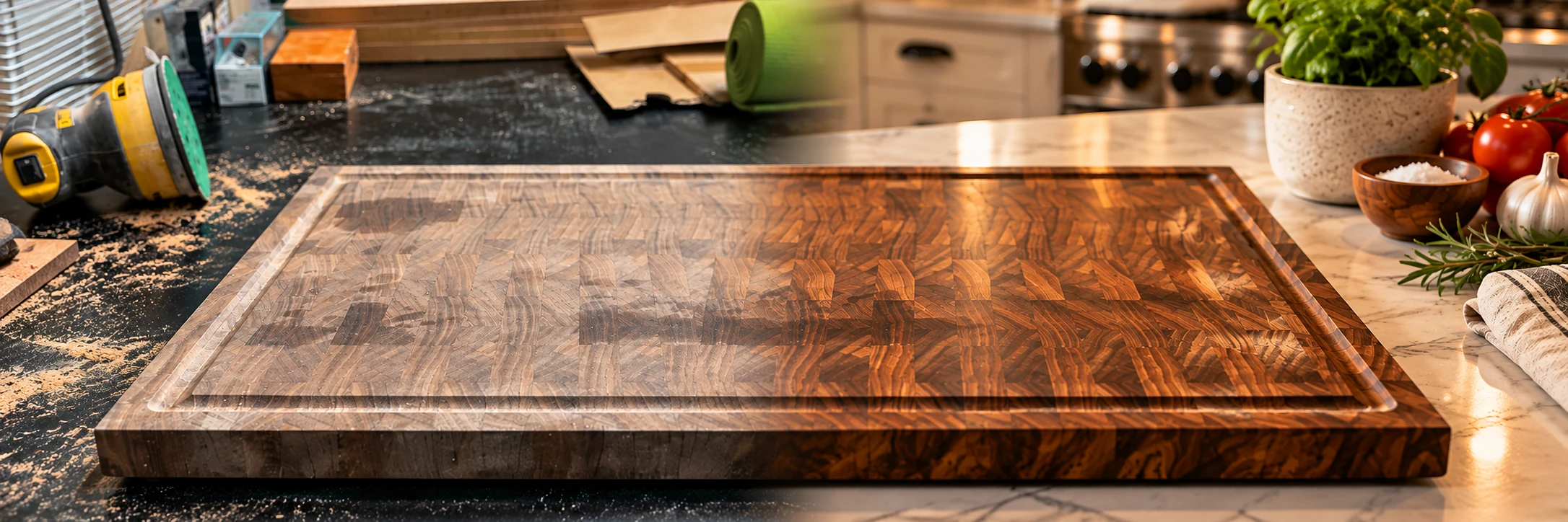 Concept placeholder showing a cutting board transforming from an unfinished workshop piece into a finished kitchen piece